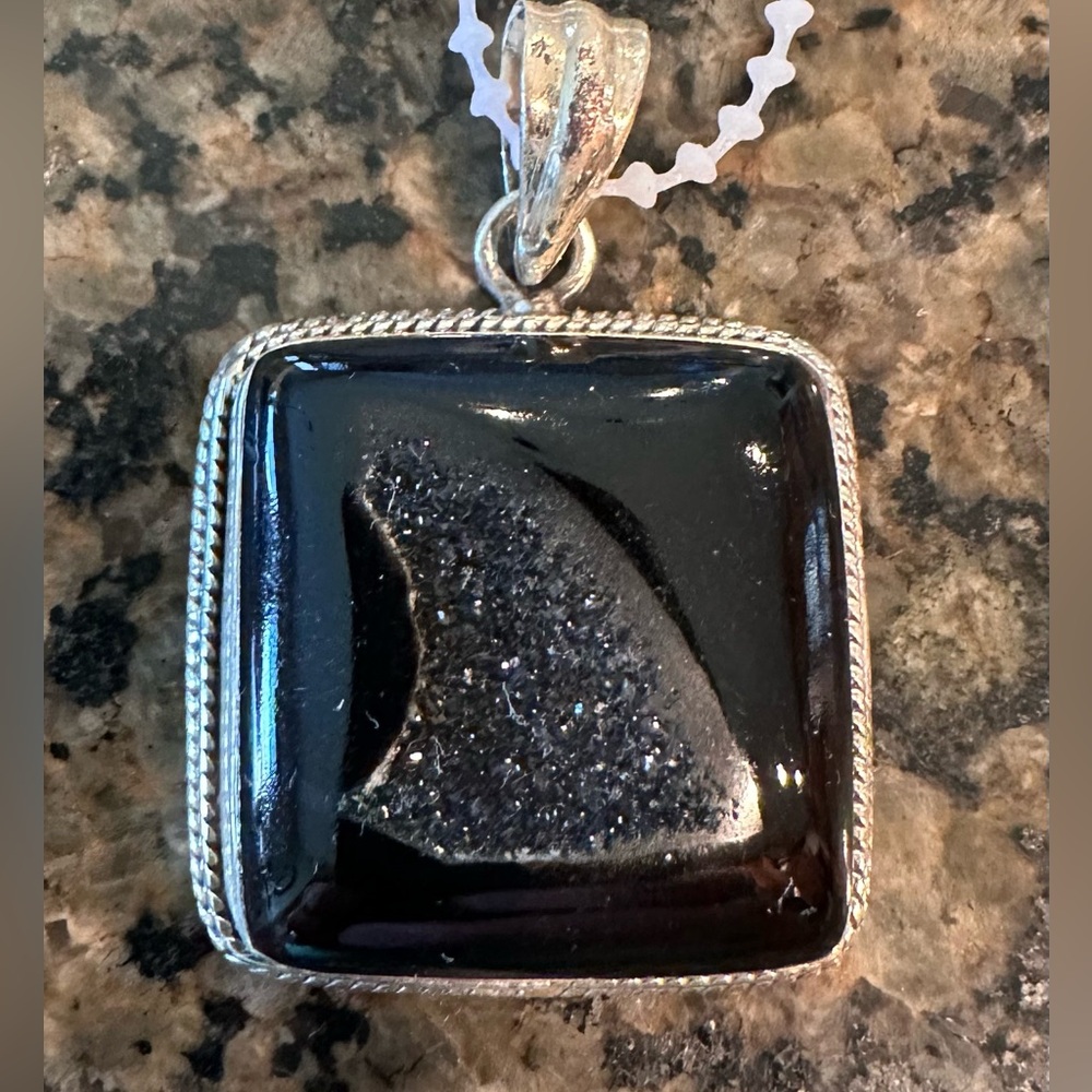 Black Druzy Pendant with Silver Trim